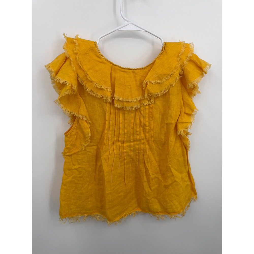 Faherty Yosepha Ruffle Linen‎ Blouse Womens S marigold Yellow Fringe V-Neck - Picture 3 of 7
